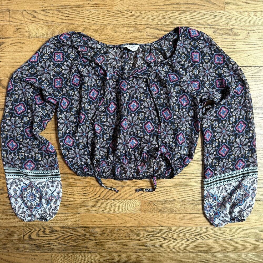 LA Hearts Cropped Blouse Top Womens Sz Small Y2K Fairy Peasant Boho Cottagecore